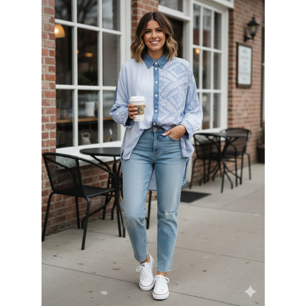 American Eagle Patchwork Button Down Shirt S Blue… - image 1